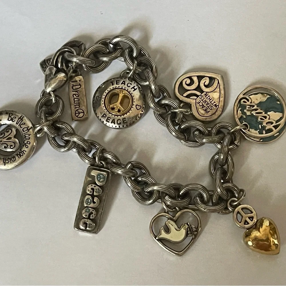Brighton Silver, gold plated, blue, white enamel  Hearts  Peace Charm Bracelet - Picture 3 of 4